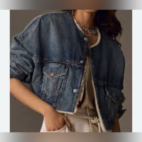Denimist Anthropologie Cropped Sherpa-Lined Denim Jacket NWT Size S - Picture 2 of 11